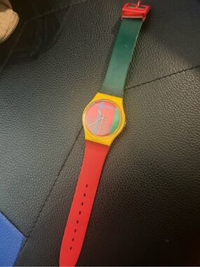 Swatch Tri-Tone Silicone Watch - Yellow, Green, Red